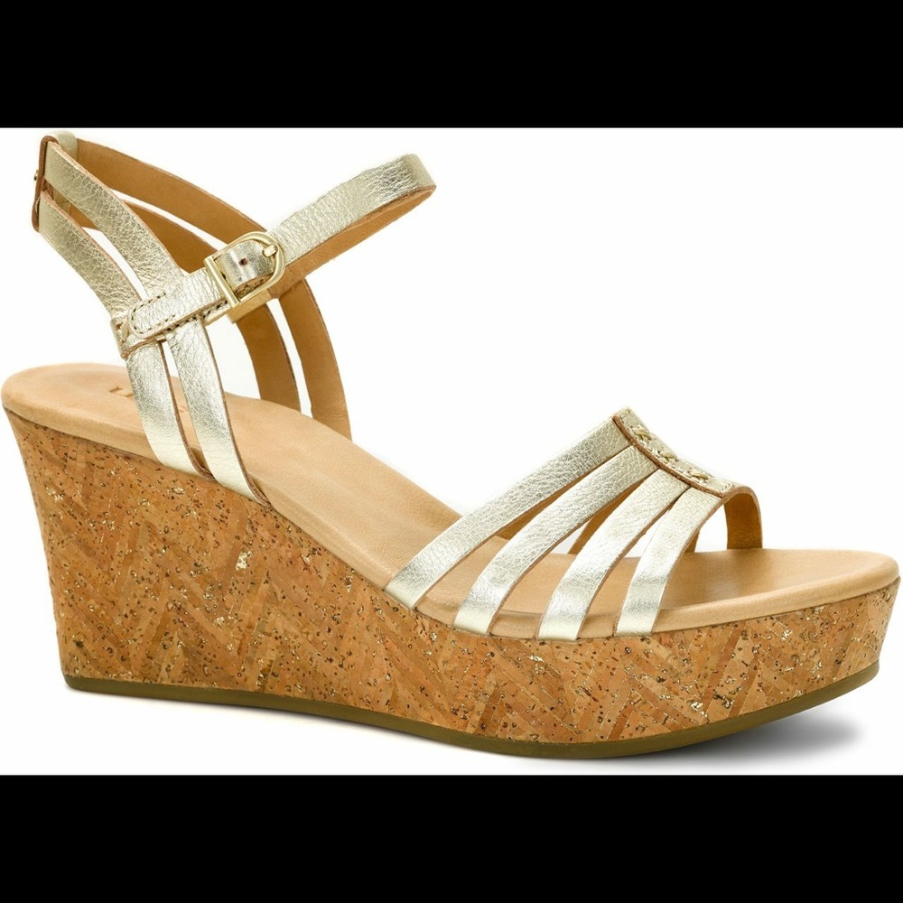 Ugg 10 Brigitte Metallic Wedge Cork Leather Sandal - Picture 1 of 7